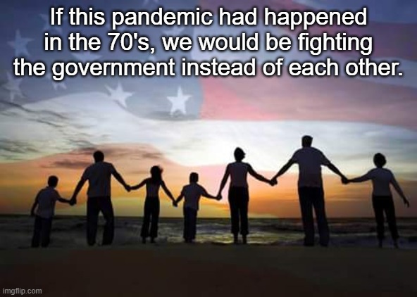 united we stand | If this pandemic had happened in the 70's, we would be fighting the government instead of each other. | image tagged in stand together | made w/ Imgflip meme maker