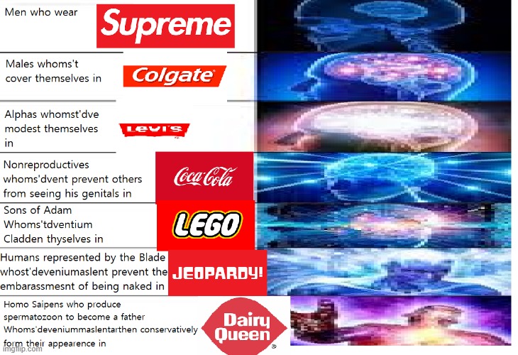 Men Who Wear | image tagged in supreme,colgate,levis,coca cola,dairy queen,expanding brain | made w/ Imgflip meme maker