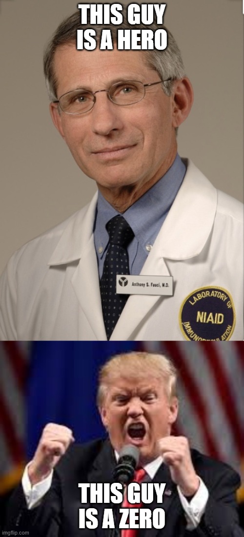 Trumps credibility = zero | THIS GUY IS A HERO; THIS GUY IS A ZERO | image tagged in dr fauci,memes,politics,coronavirus,donald trump is an idiot | made w/ Imgflip meme maker