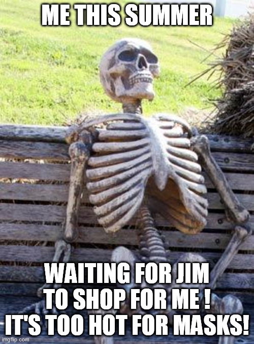 Waiting Skeleton Meme | ME THIS SUMMER; WAITING FOR JIM TO SHOP FOR ME ! IT'S TOO HOT FOR MASKS! | image tagged in memes,waiting skeleton | made w/ Imgflip meme maker
