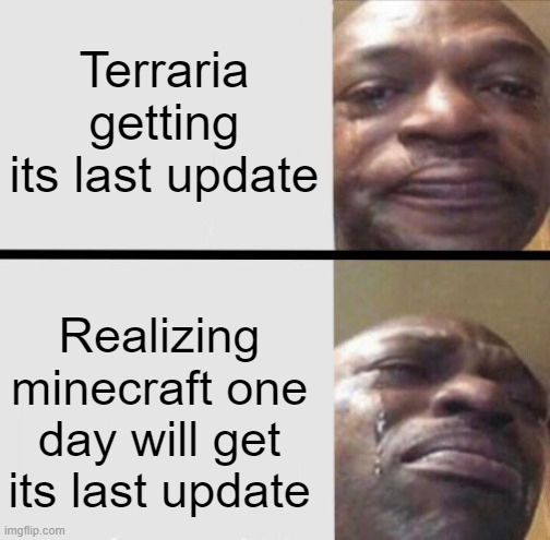 Crying black dude weed | Terraria getting its last update; Realizing minecraft one day will get its last update | image tagged in crying,memes,fun | made w/ Imgflip meme maker