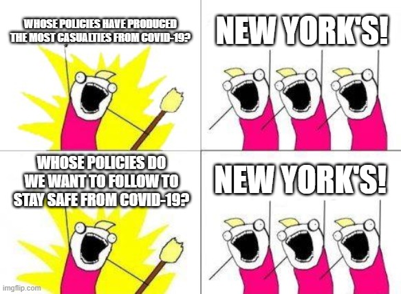 What Do We Want Meme | WHOSE POLICIES HAVE PRODUCED THE MOST CASUALTIES FROM COVID-19? NEW YORK'S! NEW YORK'S! WHOSE POLICIES DO WE WANT TO FOLLOW TO STAY SAFE FROM COVID-19? | image tagged in memes,what do we want | made w/ Imgflip meme maker