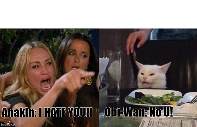 Star Wars in a nutshell... | Obi-Wan: No U! Anakin: I HATE YOU!! | image tagged in memes,woman yelling at cat | made w/ Imgflip meme maker