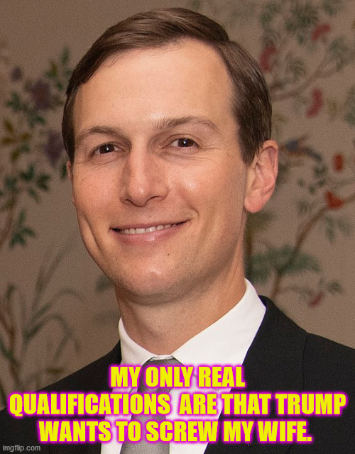 Jared |  MY ONLY REAL QUALIFICATIONS  ARE THAT TRUMP WANTS TO SCREW MY WIFE. | image tagged in donald trump | made w/ Imgflip meme maker