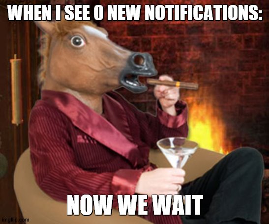 true story for me | WHEN I SEE 0 NEW NOTIFICATIONS:; NOW WE WAIT | image tagged in horse head mask and now we wait,cool | made w/ Imgflip meme maker