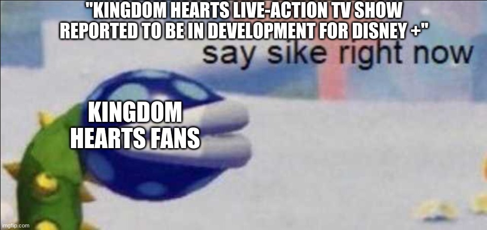 Honestly they should just make it an anime | "KINGDOM HEARTS LIVE-ACTION TV SHOW REPORTED TO BE IN DEVELOPMENT FOR DISNEY +"; KINGDOM HEARTS FANS | image tagged in say sike right now | made w/ Imgflip meme maker