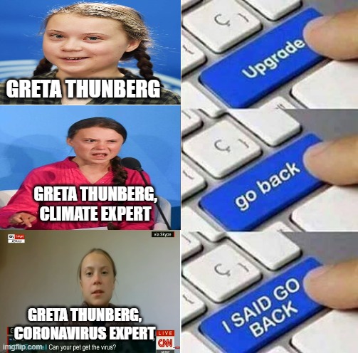 I feel bad for her honestly, being manipulated by the left | GRETA THUNBERG; GRETA THUNBERG, CLIMATE EXPERT; GRETA THUNBERG, CORONAVIRUS EXPERT | image tagged in i said go back,greta thunberg | made w/ Imgflip meme maker