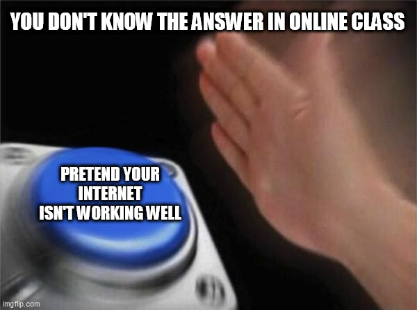 NUTS | YOU DON'T KNOW THE ANSWER IN ONLINE CLASS; PRETEND YOUR INTERNET ISN'T WORKING WELL | image tagged in memes,blank nut button | made w/ Imgflip meme maker