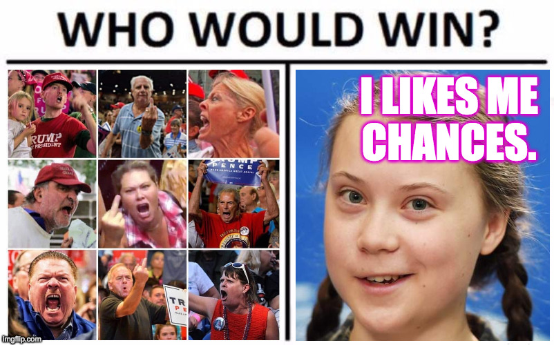 Who Would Win? | I LIKES ME
CHANCES. | image tagged in memes,who would win,greta thunberg,trump supporters | made w/ Imgflip meme maker