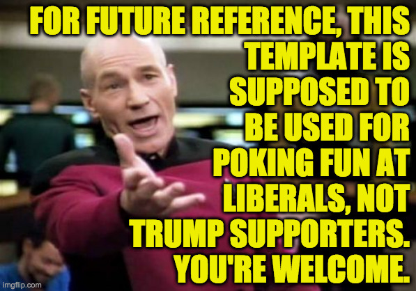 Picard Wtf Meme | FOR FUTURE REFERENCE, THIS
TEMPLATE IS
SUPPOSED TO
BE USED FOR
POKING FUN AT
LIBERALS, NOT
TRUMP SUPPORTERS.
YOU'RE WELCOME. | image tagged in memes,picard wtf | made w/ Imgflip meme maker