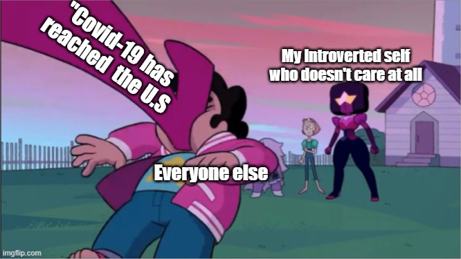 Oh noes D: | "Covid-19 has reached  the U.S; My Introverted self who doesn't care at all; Everyone else | image tagged in steven universe the movie template | made w/ Imgflip meme maker