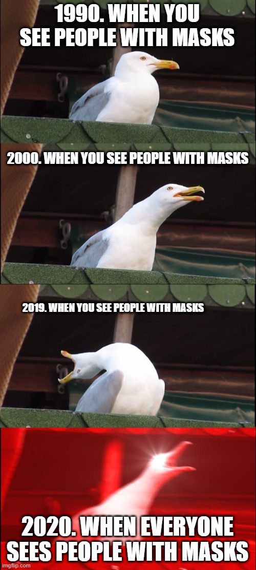 Inhaling Seagull Meme | 1990. WHEN YOU SEE PEOPLE WITH MASKS; 2000. WHEN YOU SEE PEOPLE WITH MASKS; 2019. WHEN YOU SEE PEOPLE WITH MASKS; 2020. WHEN EVERYONE SEES PEOPLE WITH MASKS | image tagged in memes,inhaling seagull | made w/ Imgflip meme maker