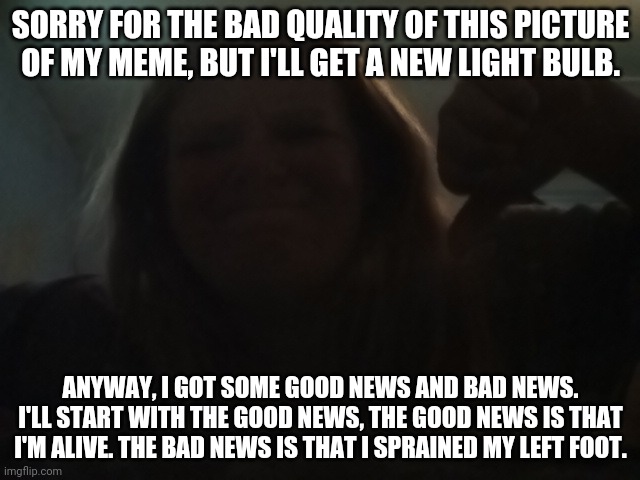 I Don't Know If I Should Take A Break Because I Got Hurt | SORRY FOR THE BAD QUALITY OF THIS PICTURE OF MY MEME, BUT I'LL GET A NEW LIGHT BULB. ANYWAY, I GOT SOME GOOD NEWS AND BAD NEWS. I'LL START WITH THE GOOD NEWS, THE GOOD NEWS IS THAT I'M ALIVE. THE BAD NEWS IS THAT I SPRAINED MY LEFT FOOT. | image tagged in lacey got hurt,can't walk without hurting | made w/ Imgflip meme maker