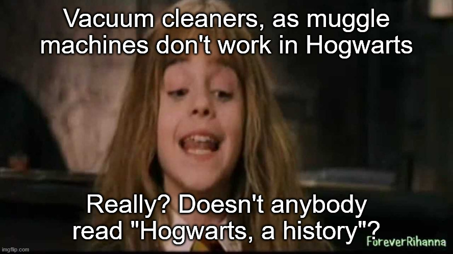hermione | Vacuum cleaners, as muggle machines don't work in Hogwarts Really? Doesn't anybody read "Hogwarts, a history"? | image tagged in hermione | made w/ Imgflip meme maker