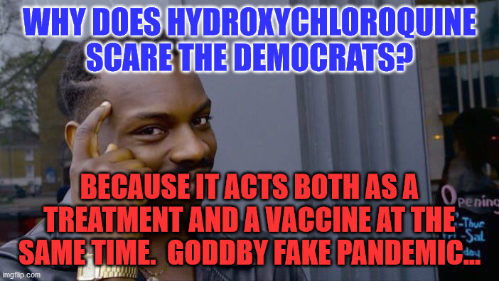 Roll Safe Think About It | WHY DOES HYDROXYCHLOROQUINE SCARE THE DEMOCRATS? BECAUSE IT ACTS BOTH AS A TREATMENT AND A VACCINE AT THE SAME TIME.  GODDBY FAKE PANDEMIC... | image tagged in memes,roll safe think about it | made w/ Imgflip meme maker