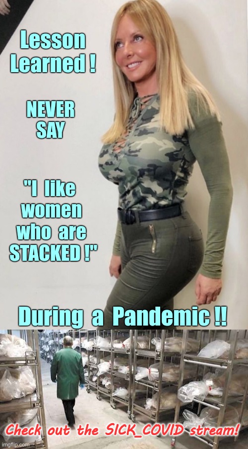 COVID-19 Etiquette | Lesson
Learned ! NEVER
SAY; "I  like  
women 
who  are 
STACKED !"; During  a  Pandemic !! Check out the SICK_COVID stream! | image tagged in sick_covid stream,coronavirus,covid-19,rick75230,boobs,politically correct | made w/ Imgflip meme maker