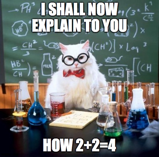 Chemistry Cat | I SHALL NOW EXPLAIN TO YOU; HOW 2+2=4 | image tagged in memes,chemistry cat,math | made w/ Imgflip meme maker