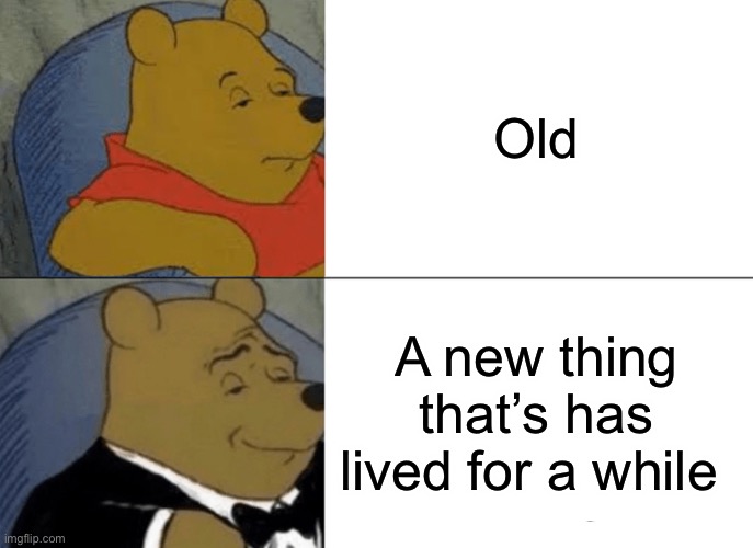 Tuxedo Winnie The Pooh Meme | Old; A new thing that’s has lived for a while | image tagged in memes,tuxedo winnie the pooh | made w/ Imgflip meme maker