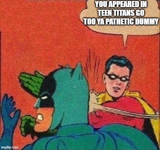 Robin Slaps Batman | YOU APPEARED IN TEEN TITANS GO TOO YA PATHETIC DUMMY | image tagged in robin slaps batman | made w/ Imgflip meme maker