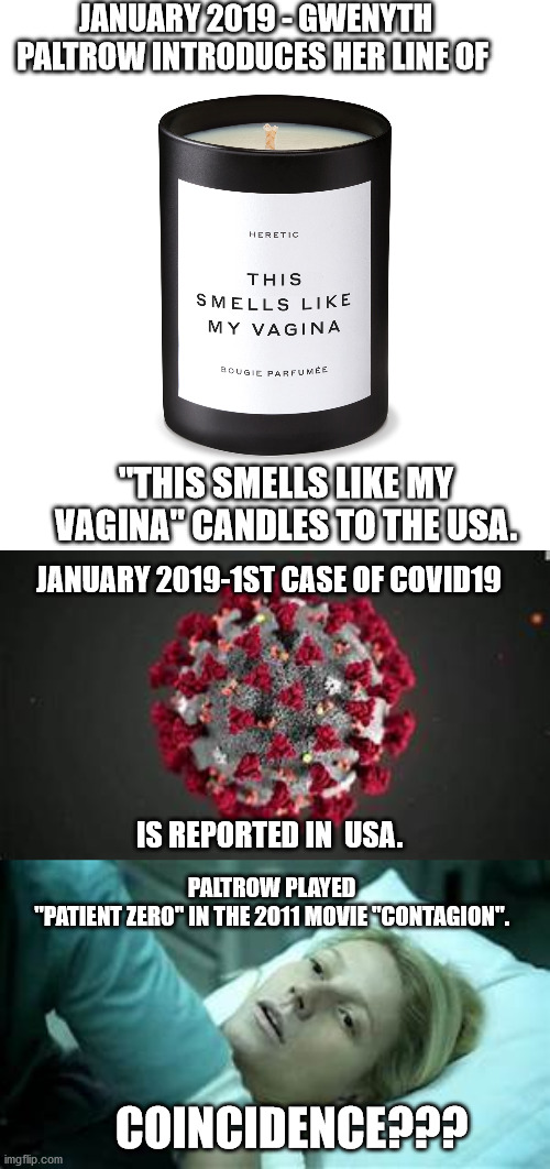 Palthrow Patient Zero | JANUARY 2019 - GWENYTH PALTROW INTRODUCES HER LINE OF; "THIS SMELLS LIKE MY VAGINA" CANDLES TO THE USA. JANUARY 2019-1ST CASE OF COVID19; PALTROW PLAYED "PATIENT ZERO" IN THE 2011 MOVIE "CONTAGION". IS REPORTED IN  USA. COINCIDENCE??? | image tagged in coronavirus | made w/ Imgflip meme maker