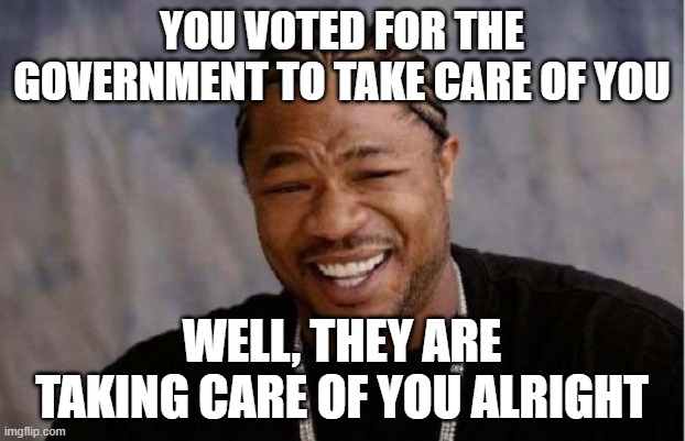 Yo Dawg Heard You Meme | YOU VOTED FOR THE GOVERNMENT TO TAKE CARE OF YOU; WELL, THEY ARE TAKING CARE OF YOU ALRIGHT | image tagged in memes,yo dawg heard you | made w/ Imgflip meme maker