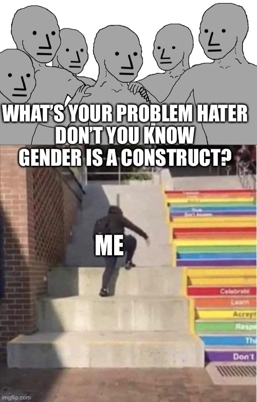 This is how you go to Facebook jail | WHAT’S YOUR PROBLEM HATER
DON’T YOU KNOW GENDER IS A CONSTRUCT? ME | image tagged in npc wojack,progressives,2 genders | made w/ Imgflip meme maker