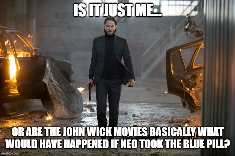 Take the Other Pill | IS IT JUST ME... OR ARE THE JOHN WICK MOVIES BASICALLY WHAT WOULD HAVE HAPPENED IF NEO TOOK THE BLUE PILL? | image tagged in john wick 1 | made w/ Imgflip meme maker