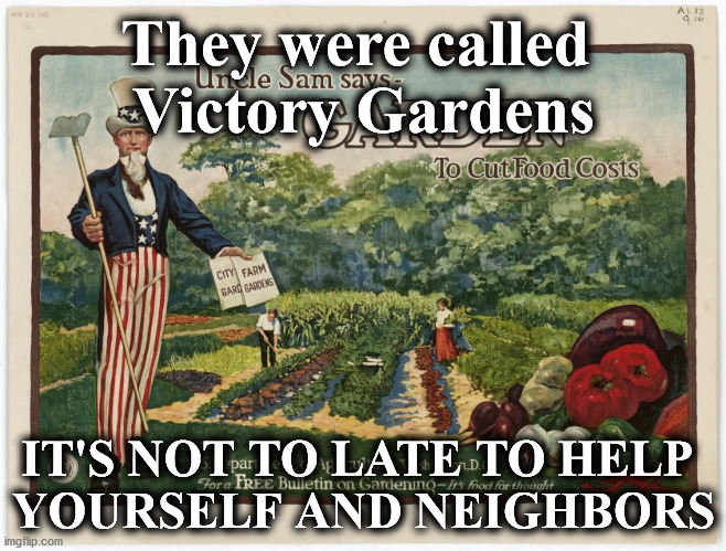 vicctory | They were called 
Victory Gardens; IT'S NOT TO LATE TO HELP 
YOURSELF AND NEIGHBORS | image tagged in vicctory | made w/ Imgflip meme maker