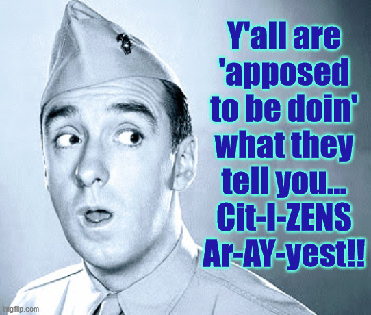 Y'all are
'apposed
to be doin'
what they
tell you...
Cit-I-ZENS
Ar-AY-yest!! | image tagged in citizens arrest,gomer,orders,isolate | made w/ Imgflip meme maker