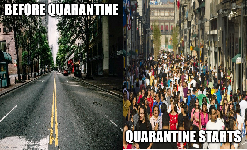 Legit NO ONE was outside(Where I live) untill quarantine, why tho... | BEFORE QUARANTINE; QUARANTINE STARTS | image tagged in covid-19,covidiots,quarantine | made w/ Imgflip meme maker