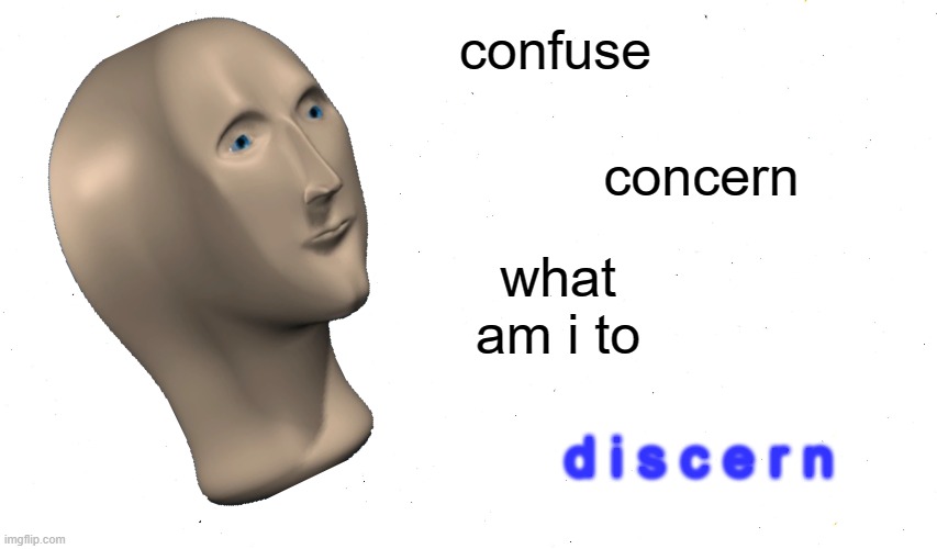 Discerning | confuse; concern; what am i to; d i s c e r n | image tagged in discern,concern,confused,memes,surreal,meme man | made w/ Imgflip meme maker
