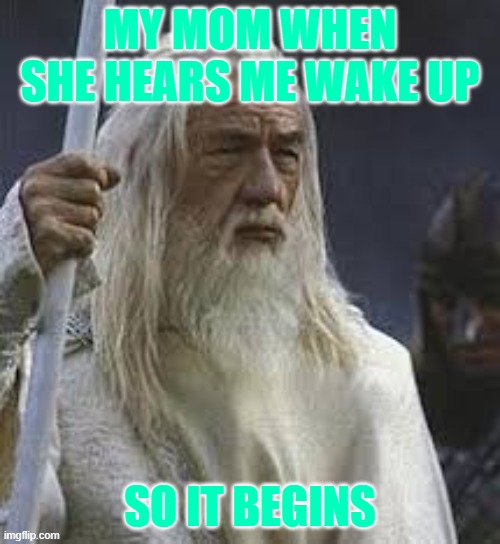 Gandolf | MY MOM WHEN SHE HEARS ME WAKE UP; SO IT BEGINS | image tagged in gandolf | made w/ Imgflip meme maker