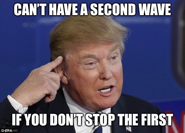 Trump pointing self | CAN’T HAVE A SECOND WAVE; IF YOU DON’T STOP THE FIRST | image tagged in trump pointing self | made w/ Imgflip meme maker