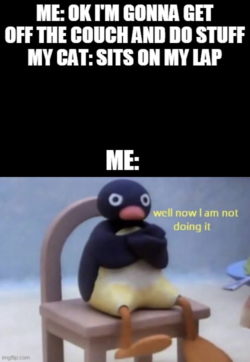 well now I am not doing it | ME: OK I'M GONNA GET OFF THE COUCH AND DO STUFF
MY CAT: SITS ON MY LAP; ME: | image tagged in well now i am not doing it | made w/ Imgflip meme maker