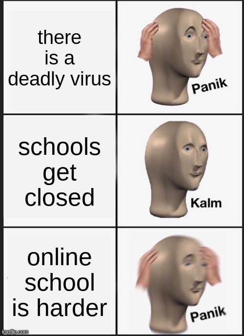 Panik Kalm Panik Meme | there is a deadly virus; schools get closed; online school is harder | image tagged in memes,panik kalm panik,covid-19 | made w/ Imgflip meme maker