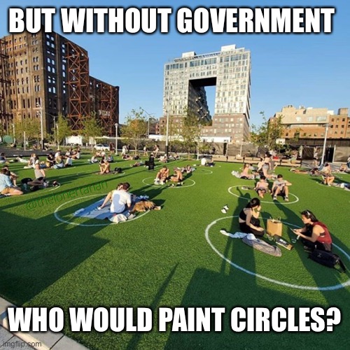 Social distancing at the park | BUT WITHOUT GOVERNMENT; WHO WOULD PAINT CIRCLES? | image tagged in covid-19,social distancing,tyranny,liberty,politics,libertarian | made w/ Imgflip meme maker