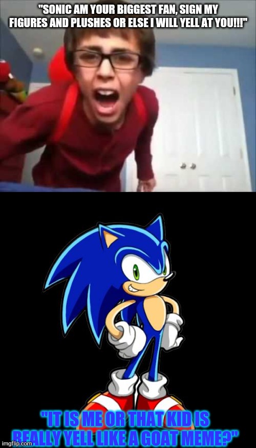 "SONIC AM YOUR BIGGEST FAN, SIGN MY FIGURES AND PLUSHES OR ELSE I WILL YELL AT YOU!!!"; "IT IS ME OR THAT KID IS REALLY YELL LIKE A GOAT MEME?" | image tagged in memes,sammyclassicsonicfan,sonic the hedgehog,sonic | made w/ Imgflip meme maker