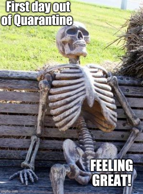 Quarantine be like.. | First day out of Quarantine; FEELING GREAT! | image tagged in memes,waiting skeleton,quarantine | made w/ Imgflip meme maker