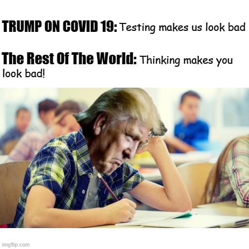 TRUMP ON COVID 19:; Testing makes us look bad; Thinking makes you; The Rest Of The World:; look bad! COVELL BELLAMY III | image tagged in trump thinking makes you look bad | made w/ Imgflip meme maker