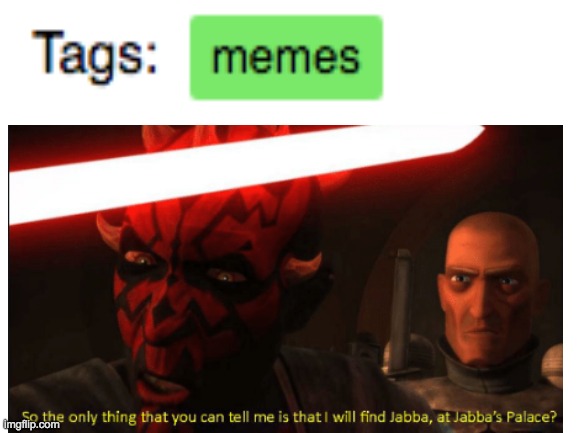 When you tag a meme as a meme | image tagged in meme,star wars,so the only thing you can tell me is that i will find jabba at jabba's palace | made w/ Imgflip meme maker