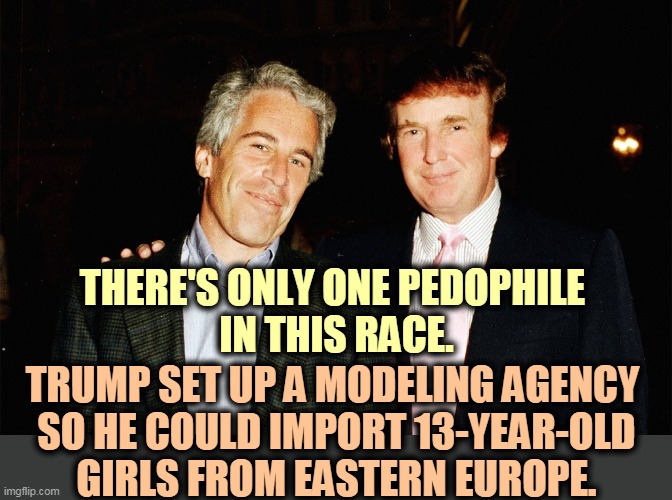 Trump and Epstein were partners for 15 years. | THERE'S ONLY ONE PEDOPHILE 
IN THIS RACE. TRUMP SET UP A MODELING AGENCY 
SO HE COULD IMPORT 13-YEAR-OLD
GIRLS FROM EASTERN EUROPE. | image tagged in trump and jeffrey epstein partners for 15 years,trump,jeffrey epstein,pedophile,girls,orgy | made w/ Imgflip meme maker