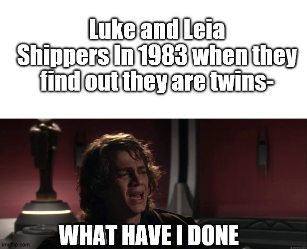 What Have I Done!? |  Luke and Leia Shippers In 1983 when they find out they are twins-; WHAT HAVE I DONE | image tagged in star wars prequels,star wars | made w/ Imgflip meme maker