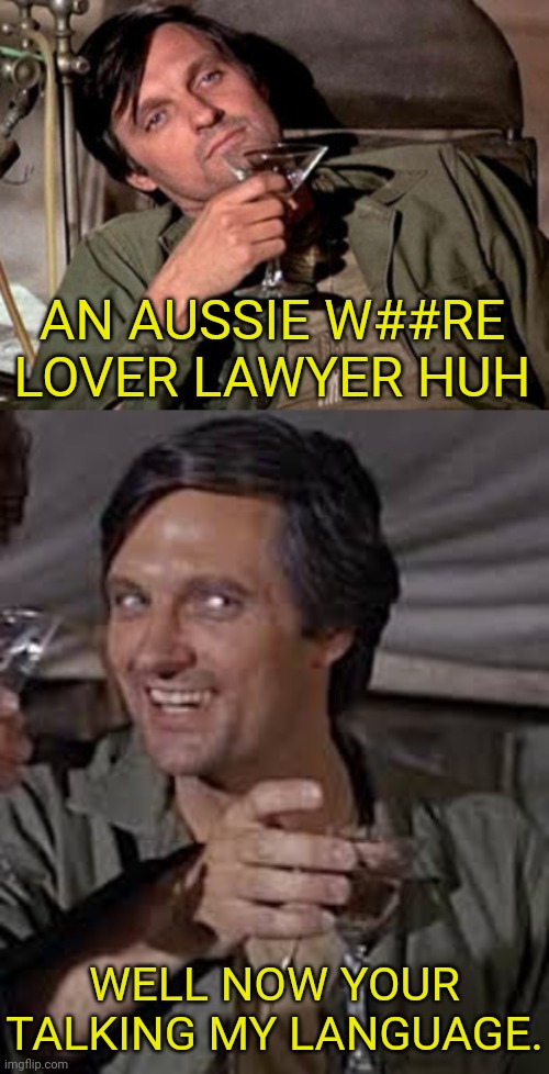 AN AUSSIE W##RE LOVER LAWYER HUH WELL NOW YOUR TALKING MY LANGUAGE. | made w/ Imgflip meme maker