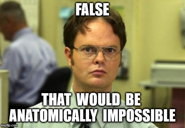 Dwight Schrute Meme | FALSE THAT  WOULD  BE  ANATOMICALLY  IMPOSSIBLE | image tagged in memes,dwight schrute | made w/ Imgflip meme maker