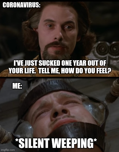 It hasn't been a year yet, but it's felt like it | CORONAVIRUS:; I'VE JUST SUCKED ONE YEAR OUT OF YOUR LIFE.  TELL ME, HOW DO YOU FEEL? ME:; *SILENT WEEPING* | image tagged in the princess bride,coronavirus,covid-19 | made w/ Imgflip meme maker