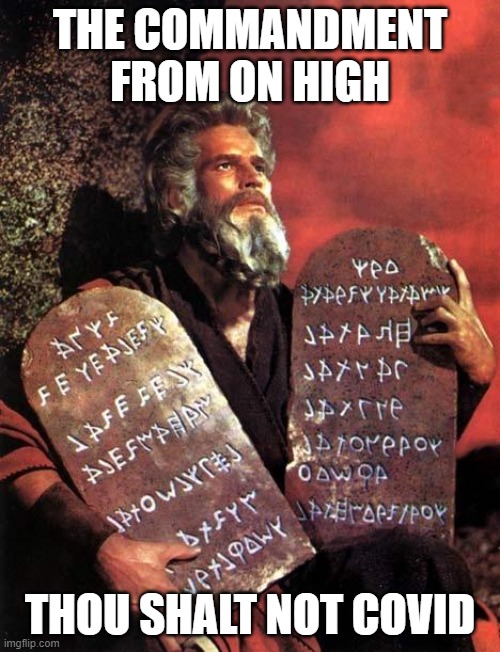 They keep telling us but do we listen? | THE COMMANDMENT FROM ON HIGH; THOU SHALT NOT COVID | image tagged in moses,memes,covid,thou shalt not,tem commandments | made w/ Imgflip meme maker