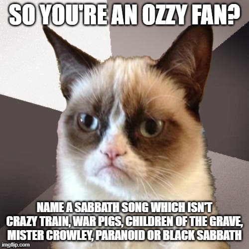 Musically Malicious Grumpy Cat | SO YOU'RE AN OZZY FAN? NAME A SABBATH SONG WHICH ISN'T CRAZY TRAIN, WAR PIGS, CHILDREN OF THE GRAVE, MISTER CROWLEY, PARANOID OR BLACK SABBATH | image tagged in musically malicious grumpy cat,grumpy cat,cats,funny cats,cat memes | made w/ Imgflip meme maker