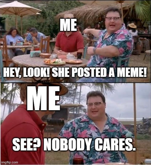 See Nobody Cares Meme | ME; HEY, LOOK! SHE POSTED A MEME! ME; SEE? NOBODY CARES. | image tagged in memes,see nobody cares | made w/ Imgflip meme maker