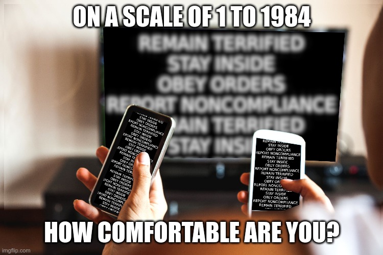 The Ministry of Truth has something to say to you | ON A SCALE OF 1 TO 1984; HOW COMFORTABLE ARE YOU? | image tagged in 1984 | made w/ Imgflip meme maker