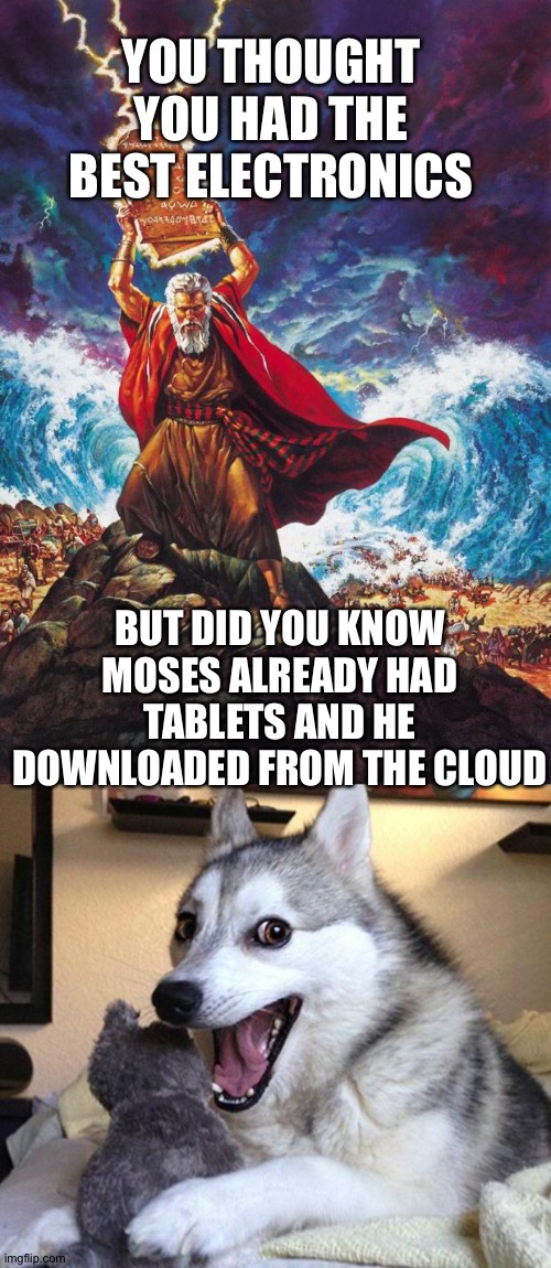 YOU THOUGHT YOU HAD THE BEST ELECTRONICS; BUT DID YOU KNOW MOSES ALREADY HAD TABLETS AND HE DOWNLOADED FROM THE CLOUD | image tagged in memes,bad pun dog,moses | made w/ Imgflip meme maker